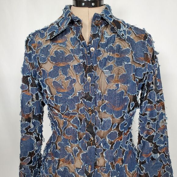 Mishca Women's Shirt Small Blue Denim Distressed Applique on Mesh Embroidered - Picture 2 of 12